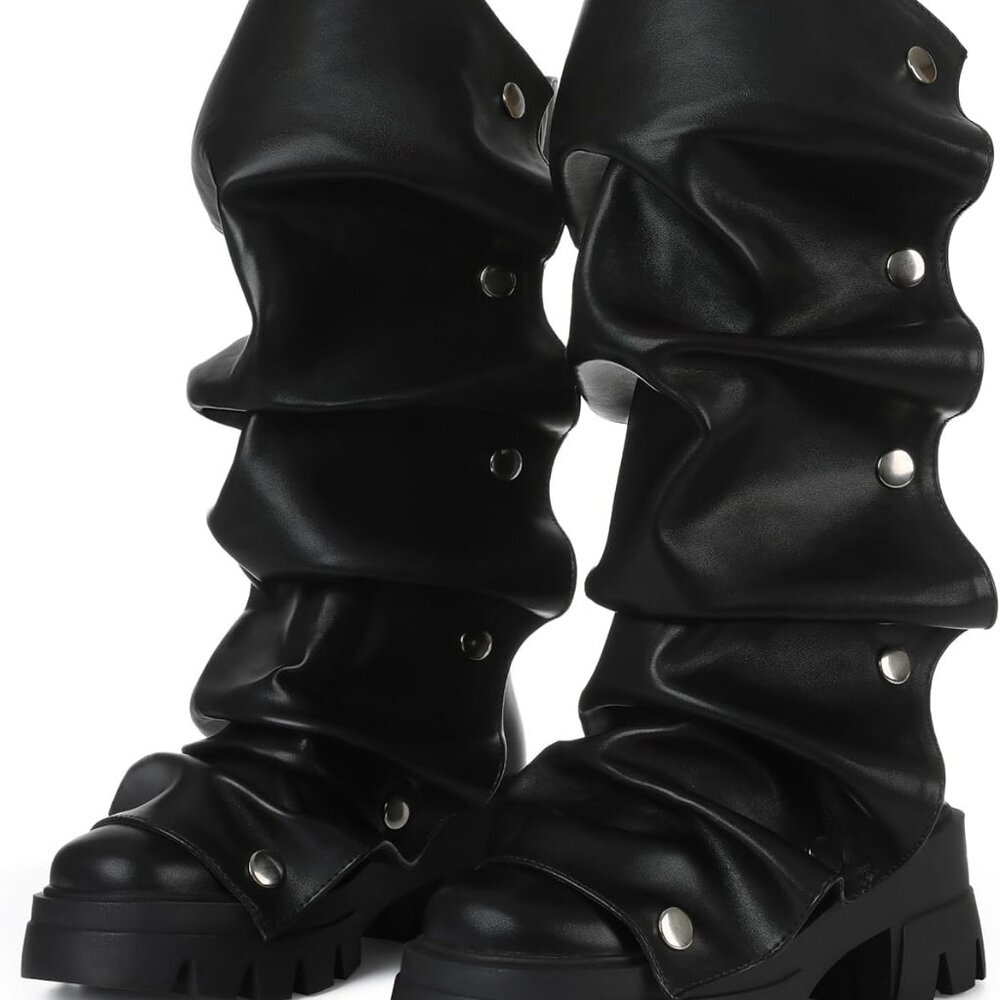 New Slouchy Black Pu Fold Over Boots For Women Size 6